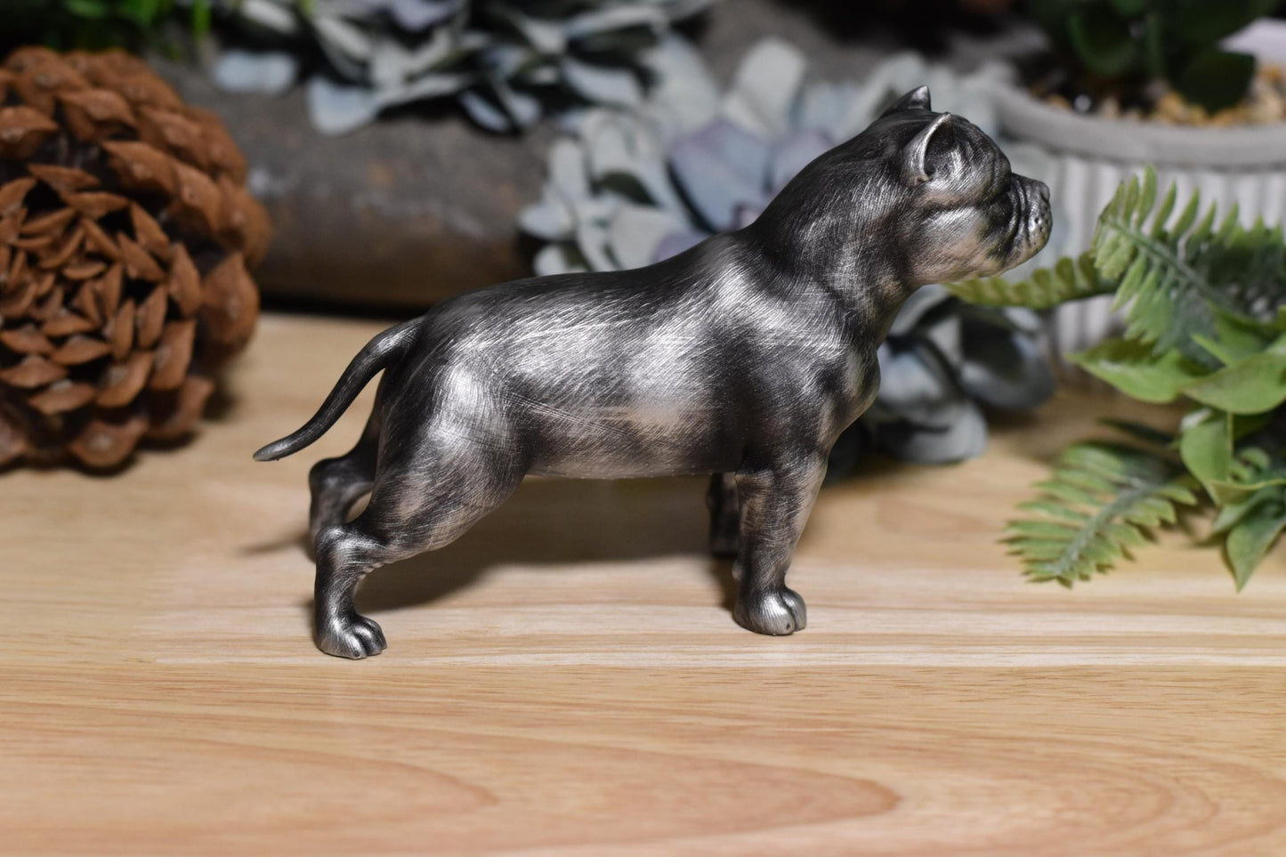 American Bully standing statue in Black and Silver, right view