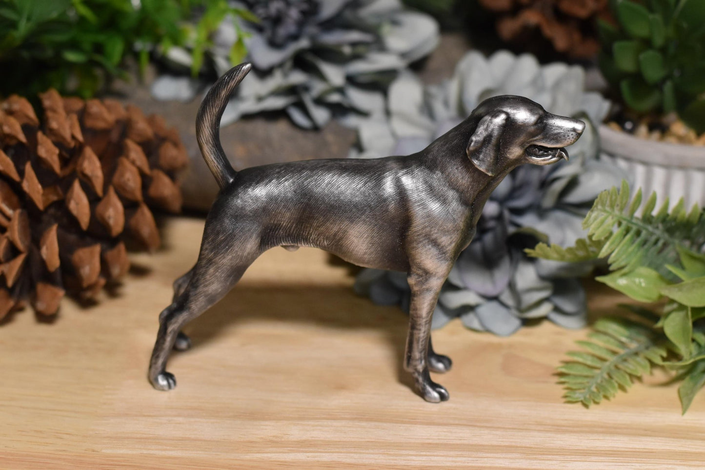 Right view of a black and silver American Foxhound standing statue, capturing the breed's grace and athleticism