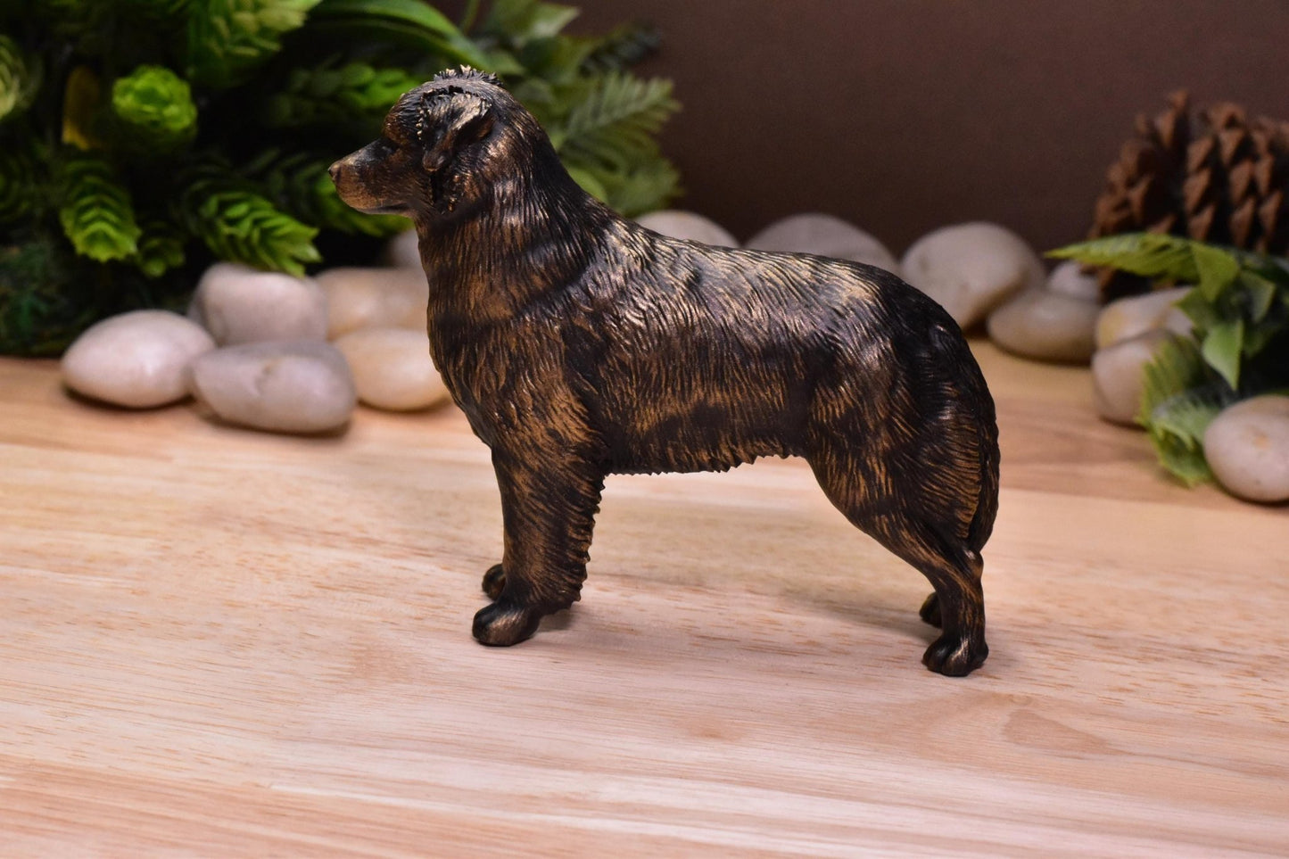 Australian Shepherd standing statue in Black and Gold, left view