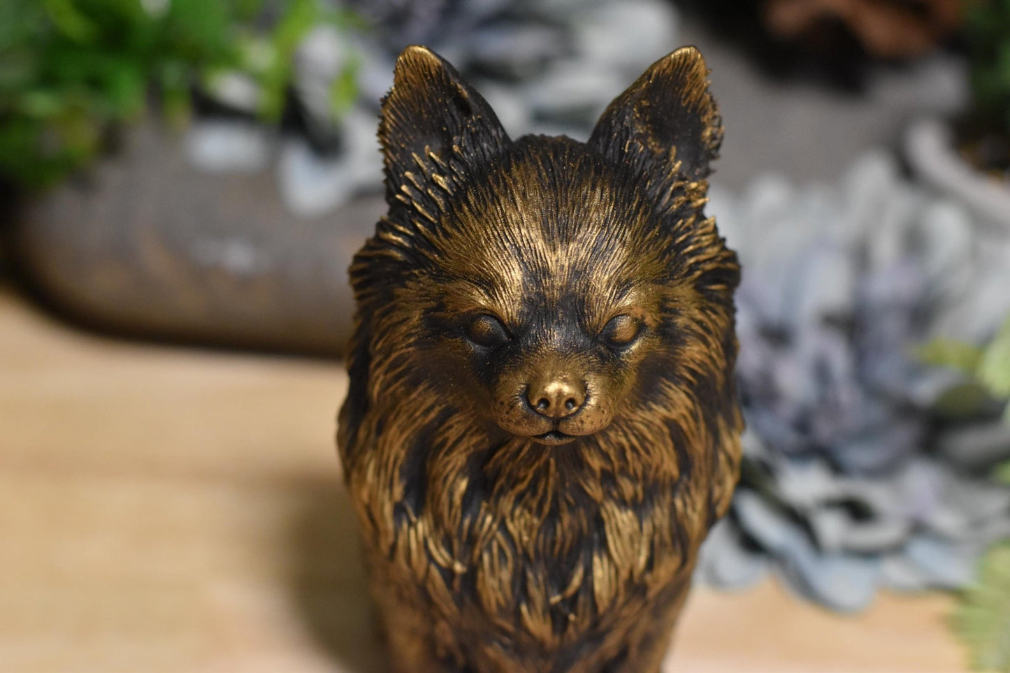 Black and gold Long Hair Chihuahua sitting statue – handcrafted dog figurine for home decor and memorials.