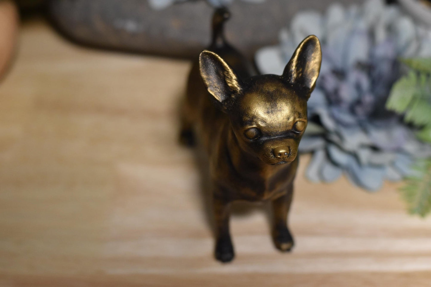 and gold Chihuahua standing statue front top view