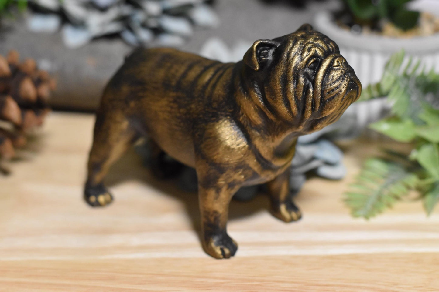 Black and gold English Bulldog standing statue right side view