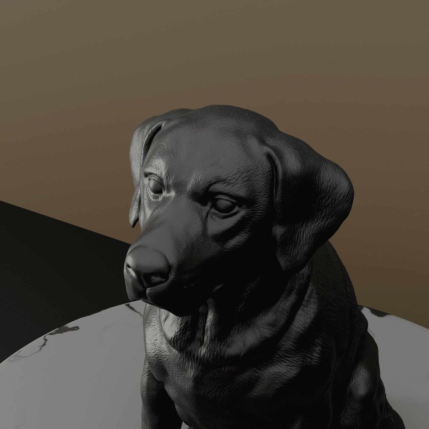 Close-up of a black Labrador sitting statue, capturing fine craftsmanship and lifelike details.