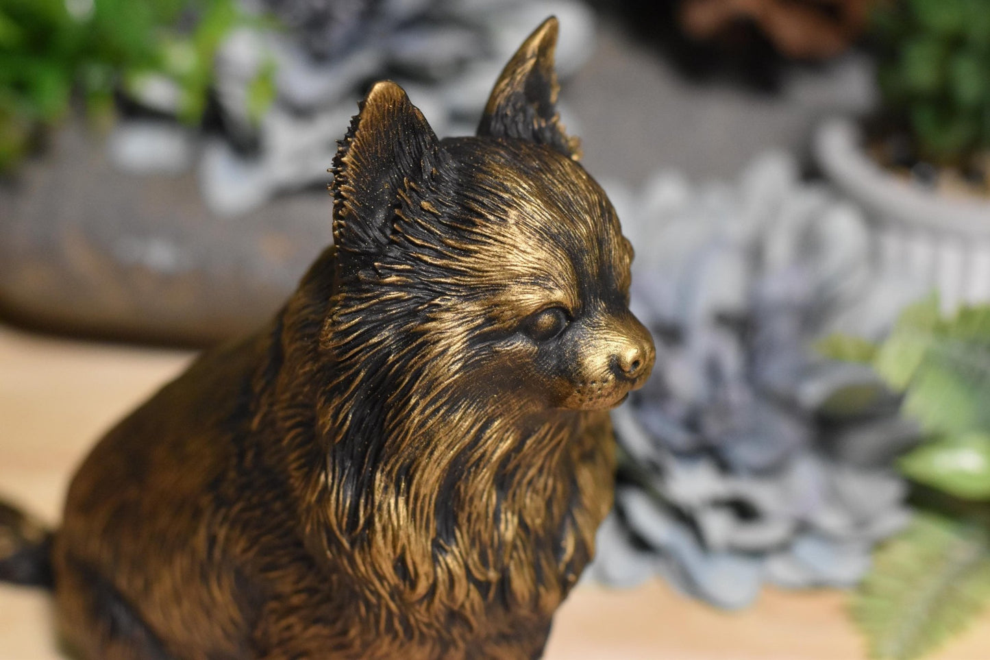 Black and gold Long Hair Chihuahua sitting statue – handcrafted dog figurine for home decor and memorials.