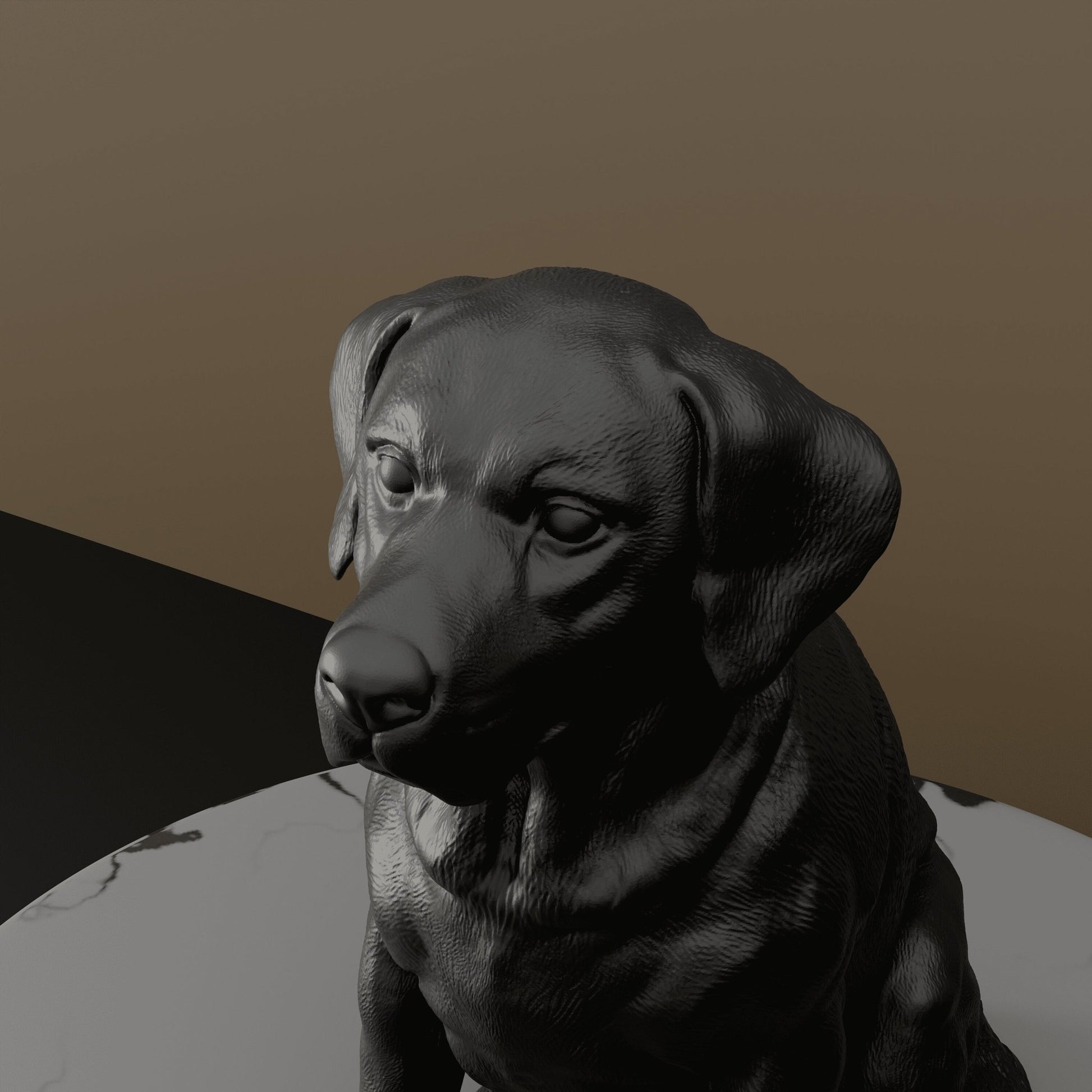 Close-up of a black Labrador sitting statue, capturing fine craftsmanship and lifelike details.