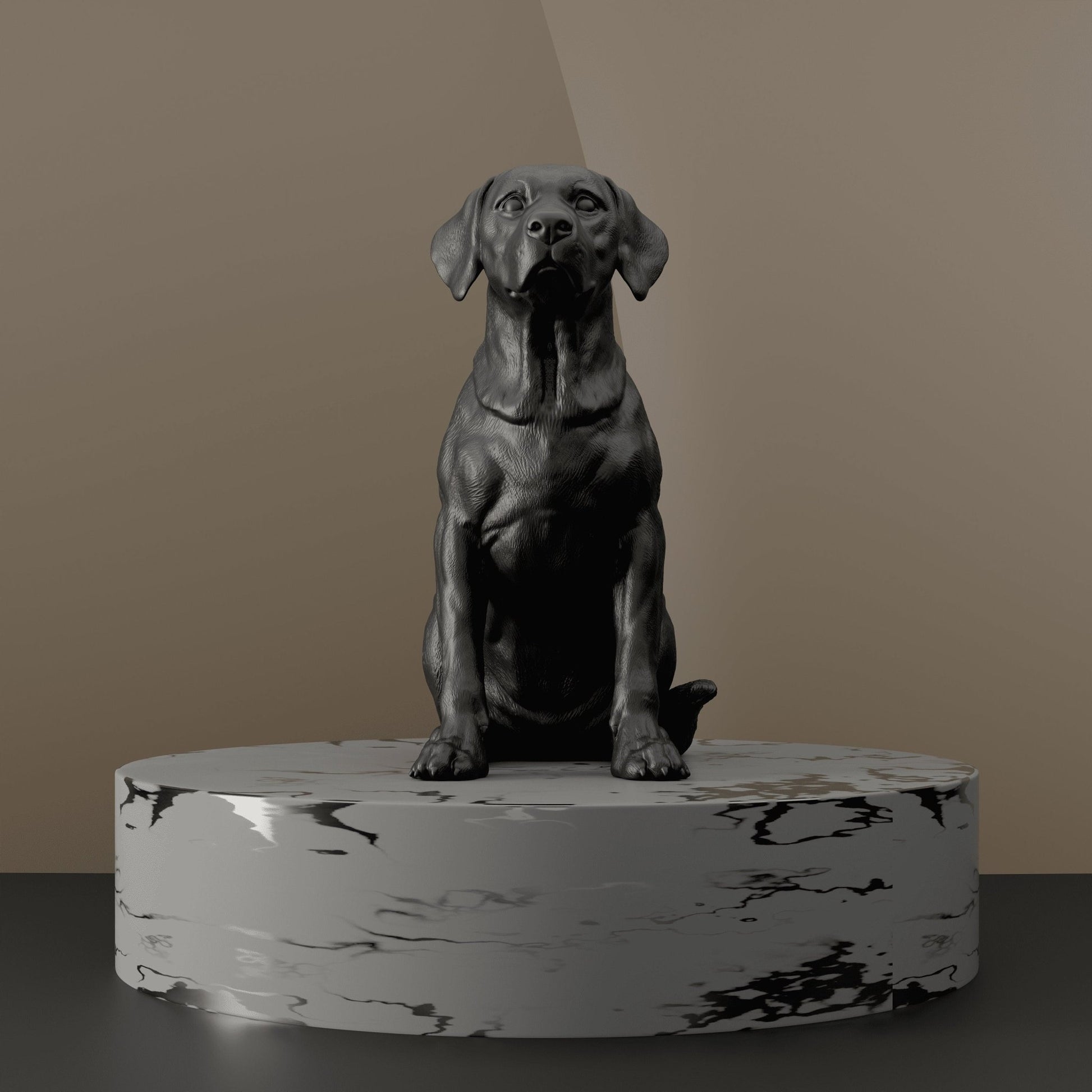 Front view of a black Labrador sitting statue, perfect for home decor and pet memorials.