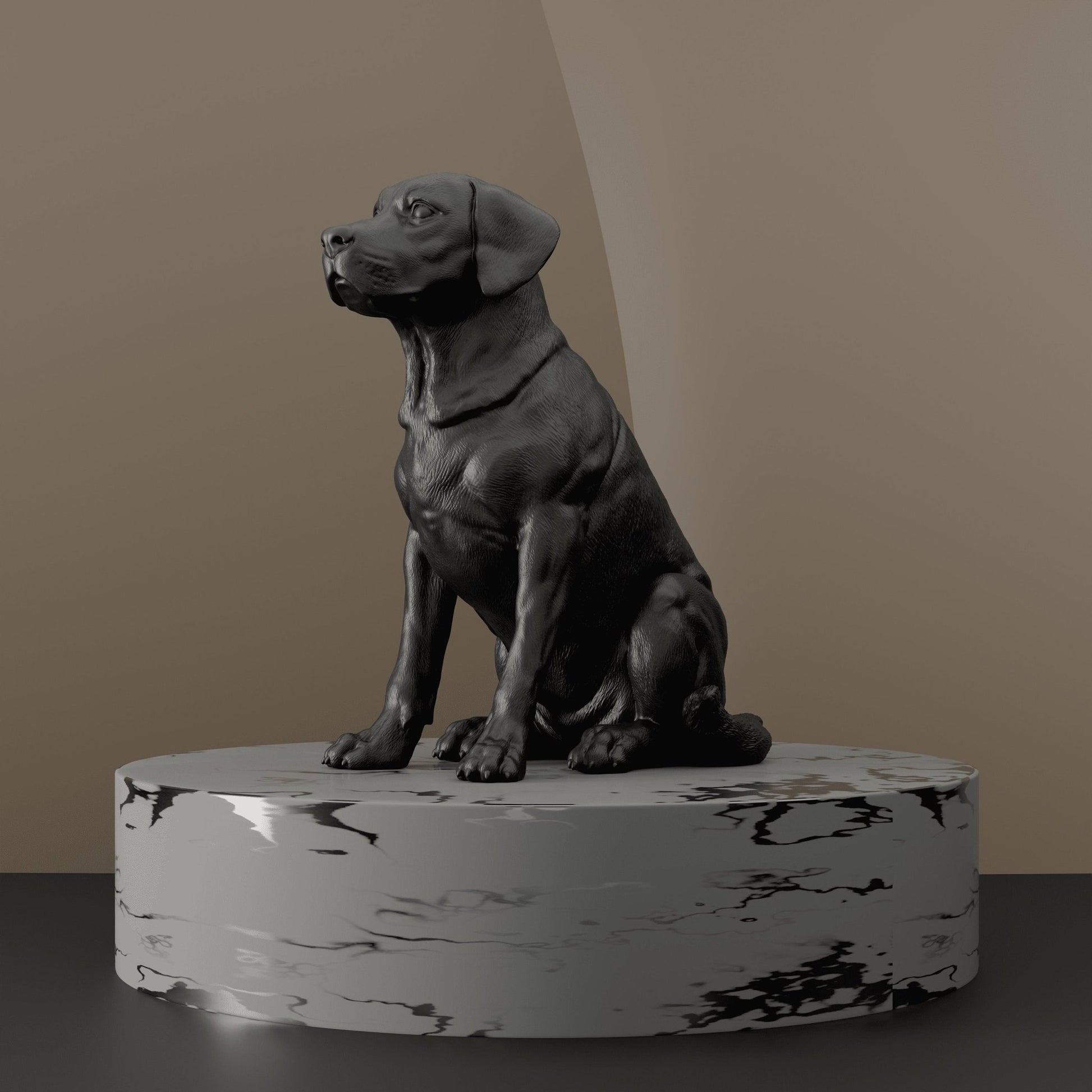 Left angled view of a black Labrador sitting statue, emphasizing its well-defined build.