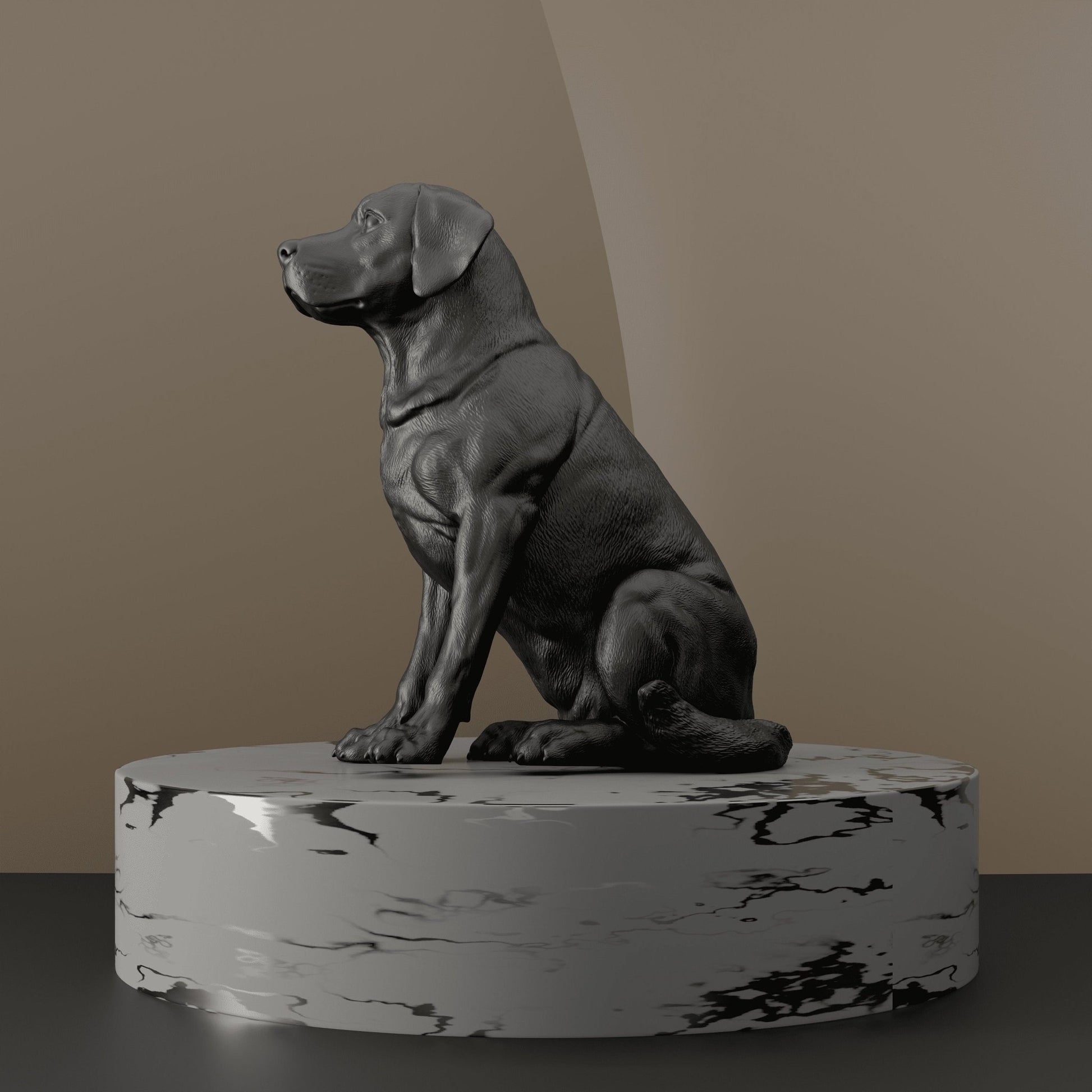Left view of a black Labrador sitting statue, showing the breed’s strong yet gentle stance.