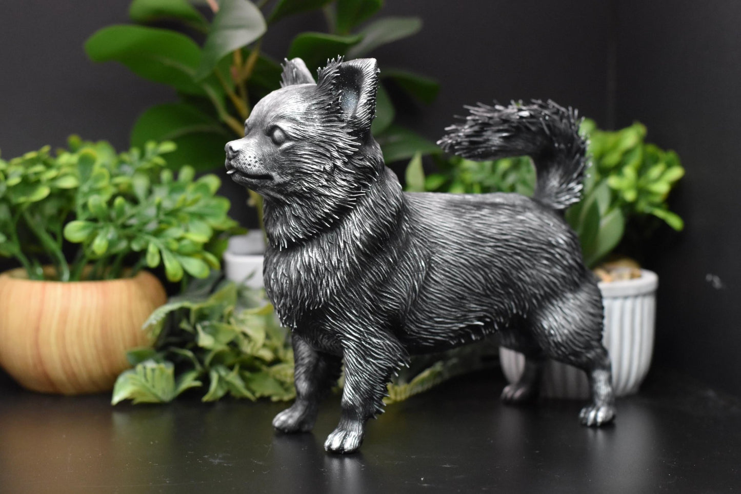 Left view of a black and silver Long Hair Chihuahua standing statue, highlighting the breed’s elegant and friendly nature