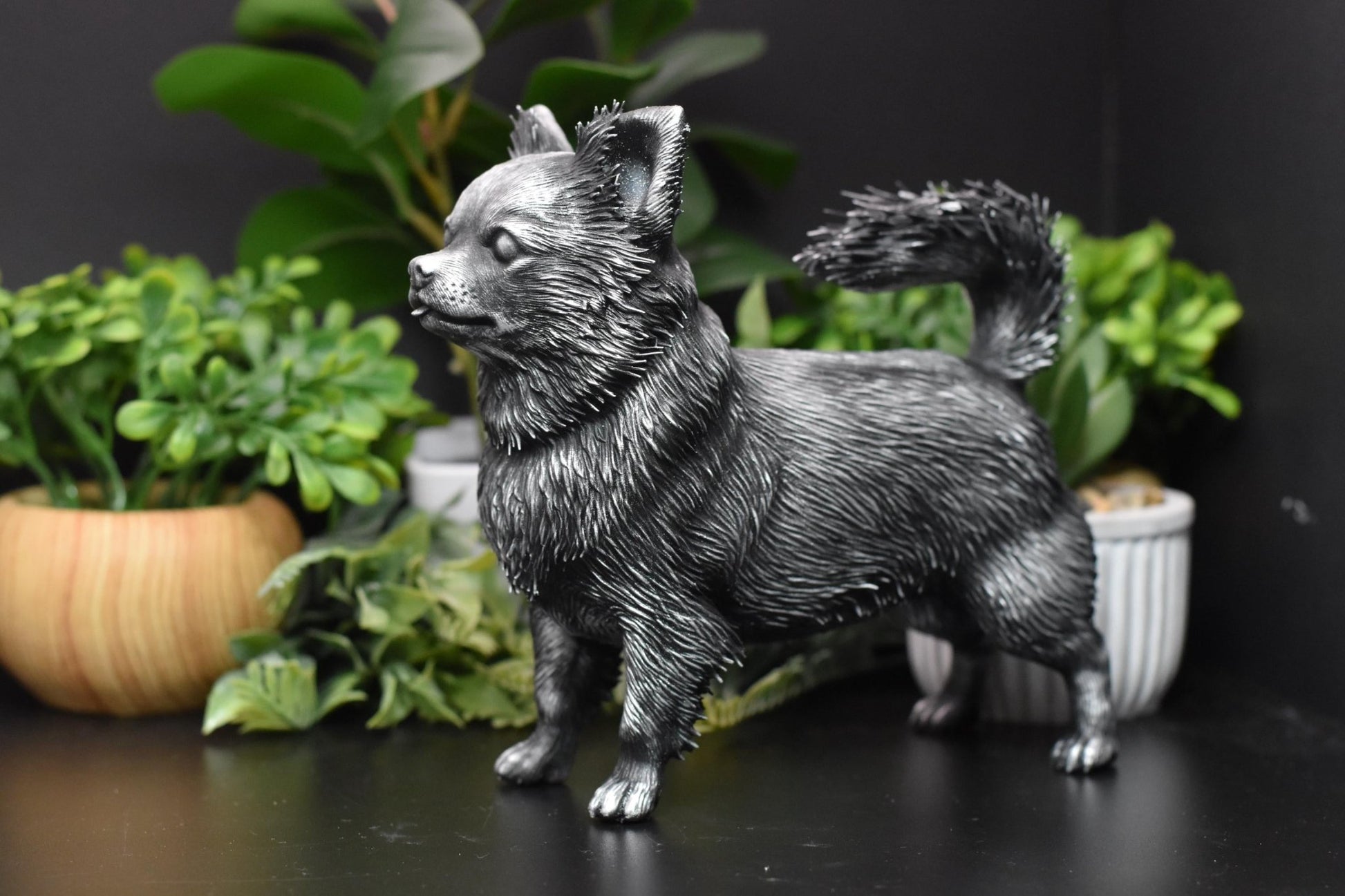 Left view of a black and silver Long Hair Chihuahua standing statue, highlighting the breed’s elegant and friendly nature