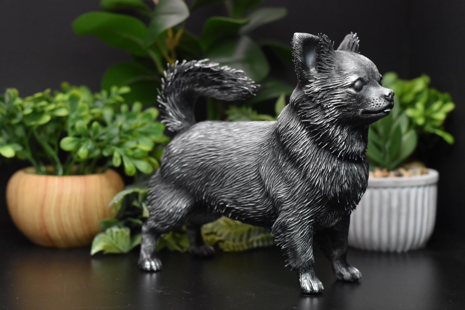 Right view of a black and silver Long Hair Chihuahua standing statue, emphasizing the breed’s playful and affectionate spirit